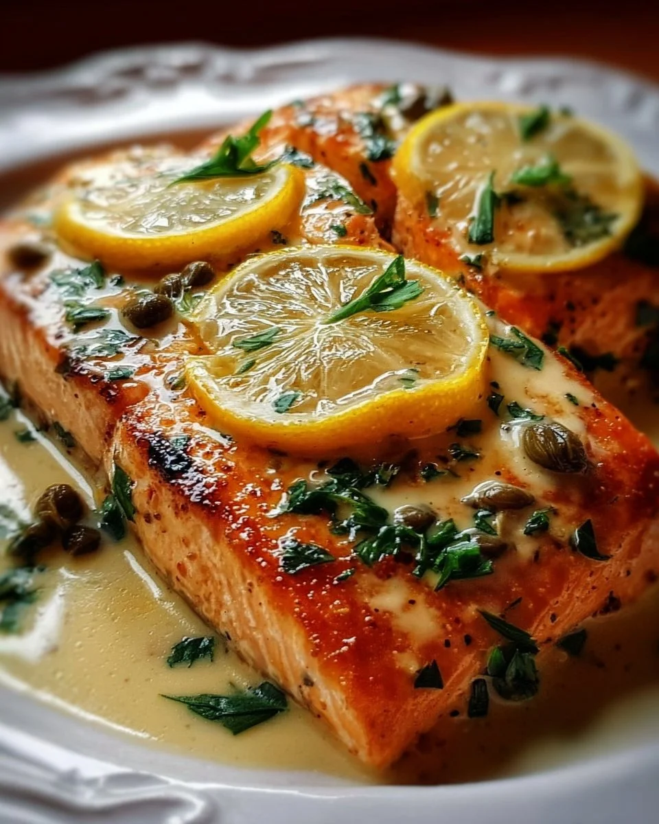 Creamy lemon garlic salmon piccata dish garnished with herbs