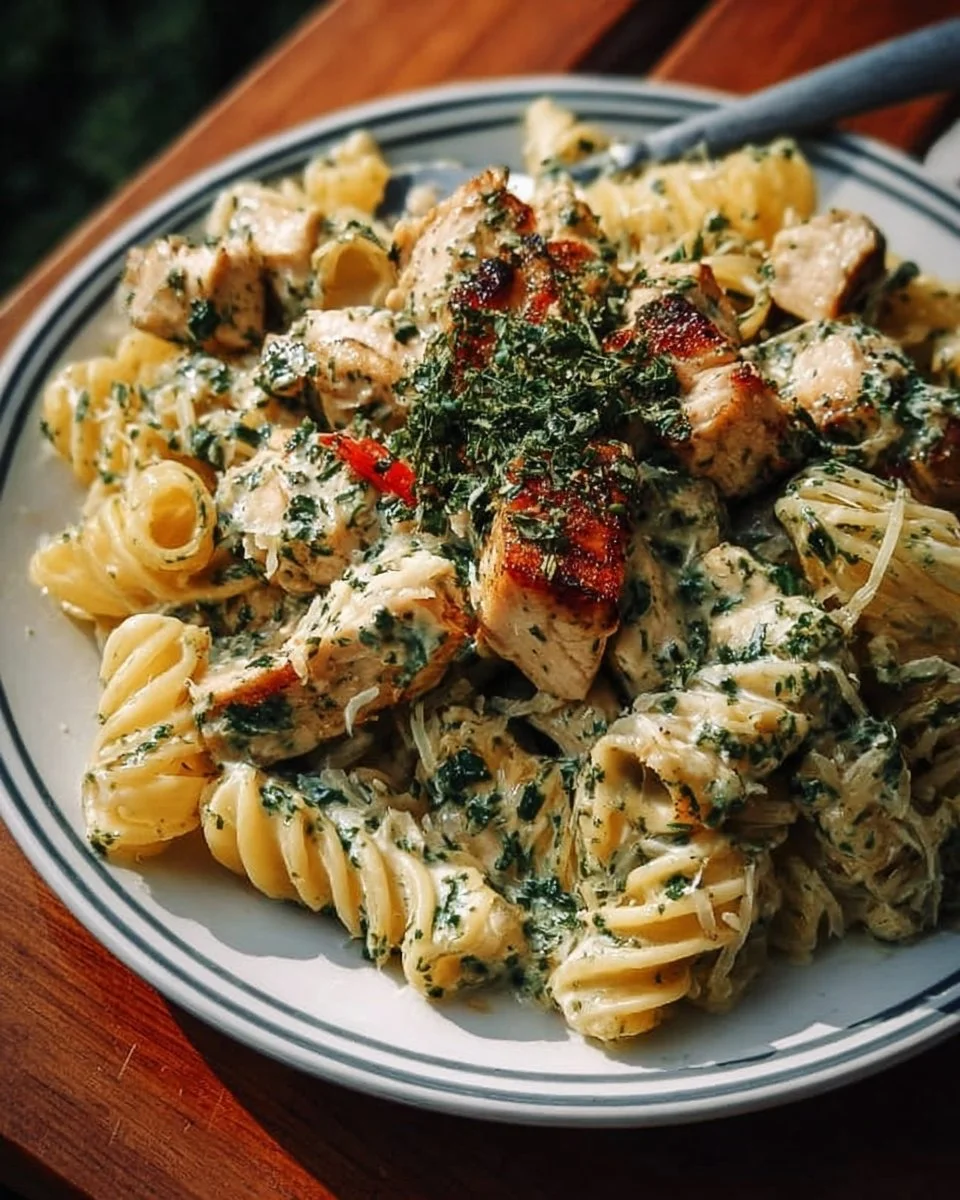 Creamy Pesto Chicken Pasta served in a bowl with fresh basil garnish