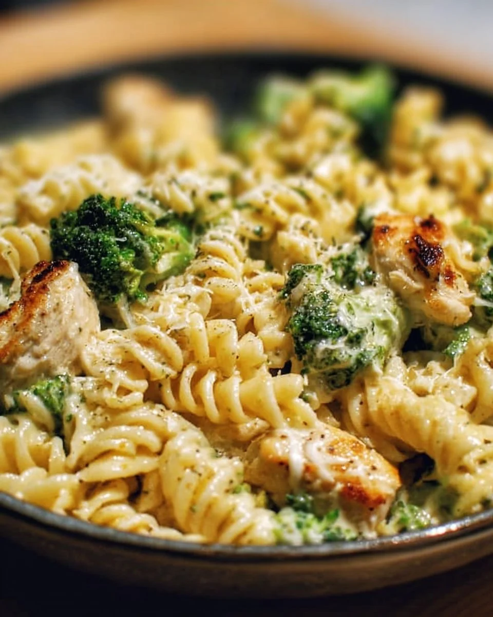Creamy rotisserie chicken broccoli pasta in a bowl topped with herbs