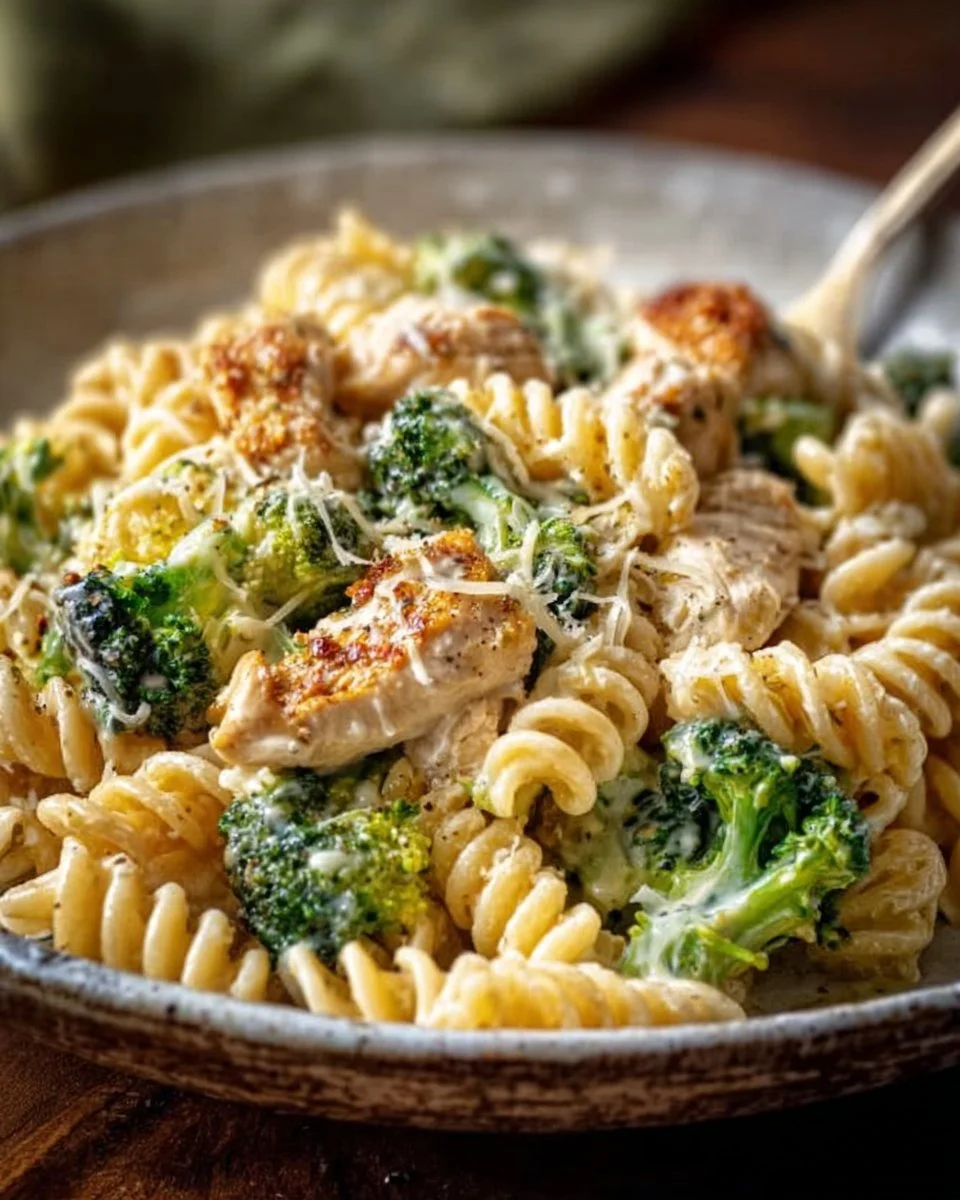Creamy chicken pasta with rotisserie chicken and broccoli in a bowl