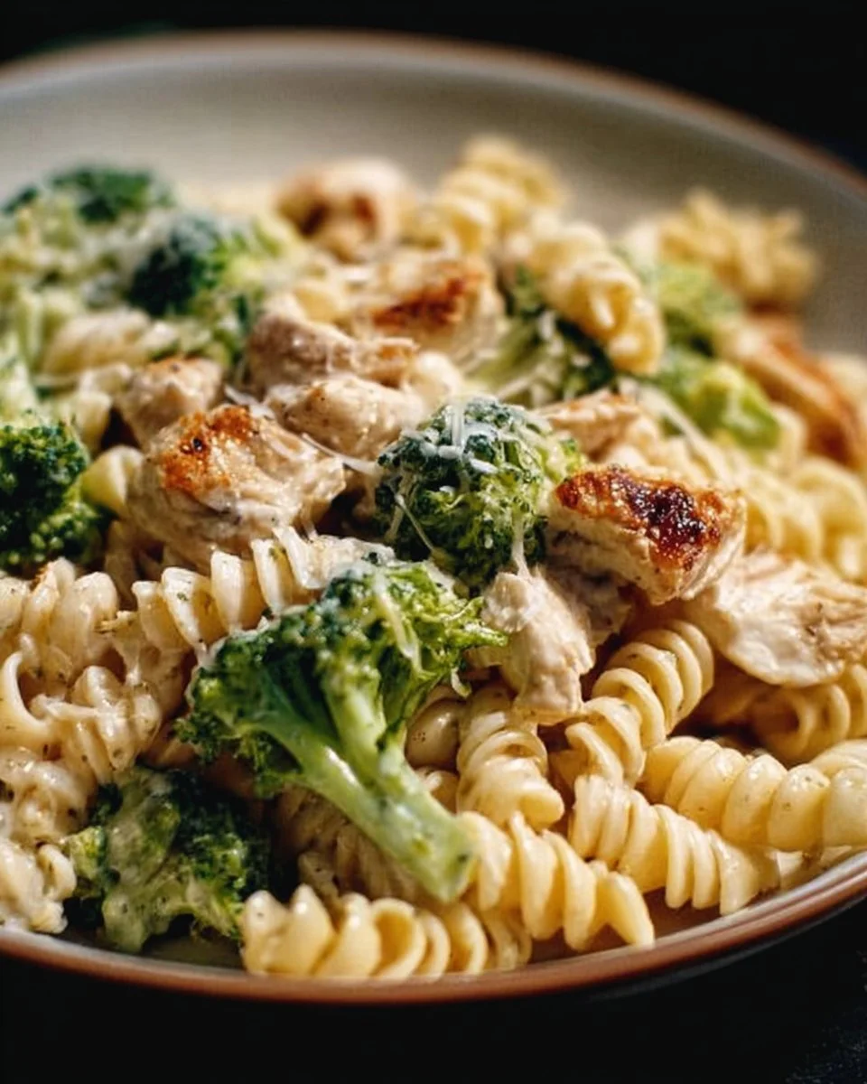 Creamy rotisserie chicken broccoli pasta served in a bowl