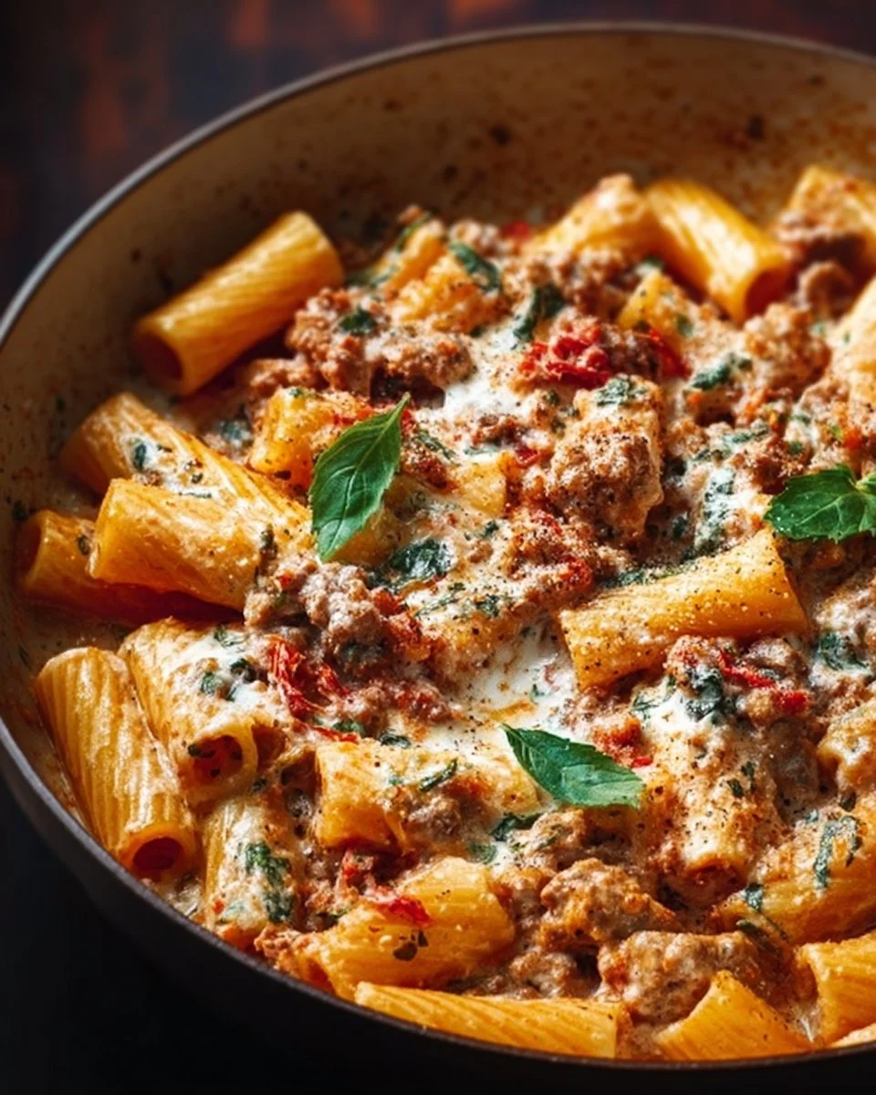 Creamy sausage rigatoni pasta dish garnished with herbs