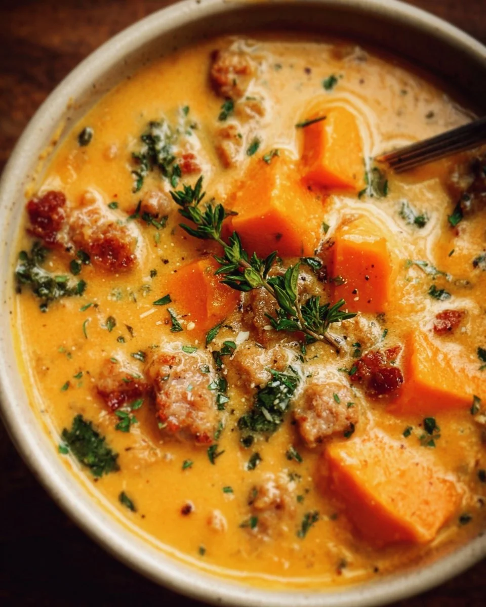 Creamy sweet potato and sausage soup in a bowl, garnished with fresh herbs