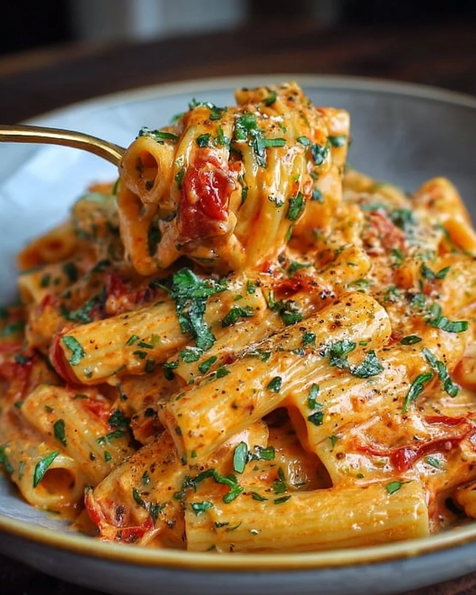 Creamy tomato garlic pasta topped with fresh herbs in a bowl