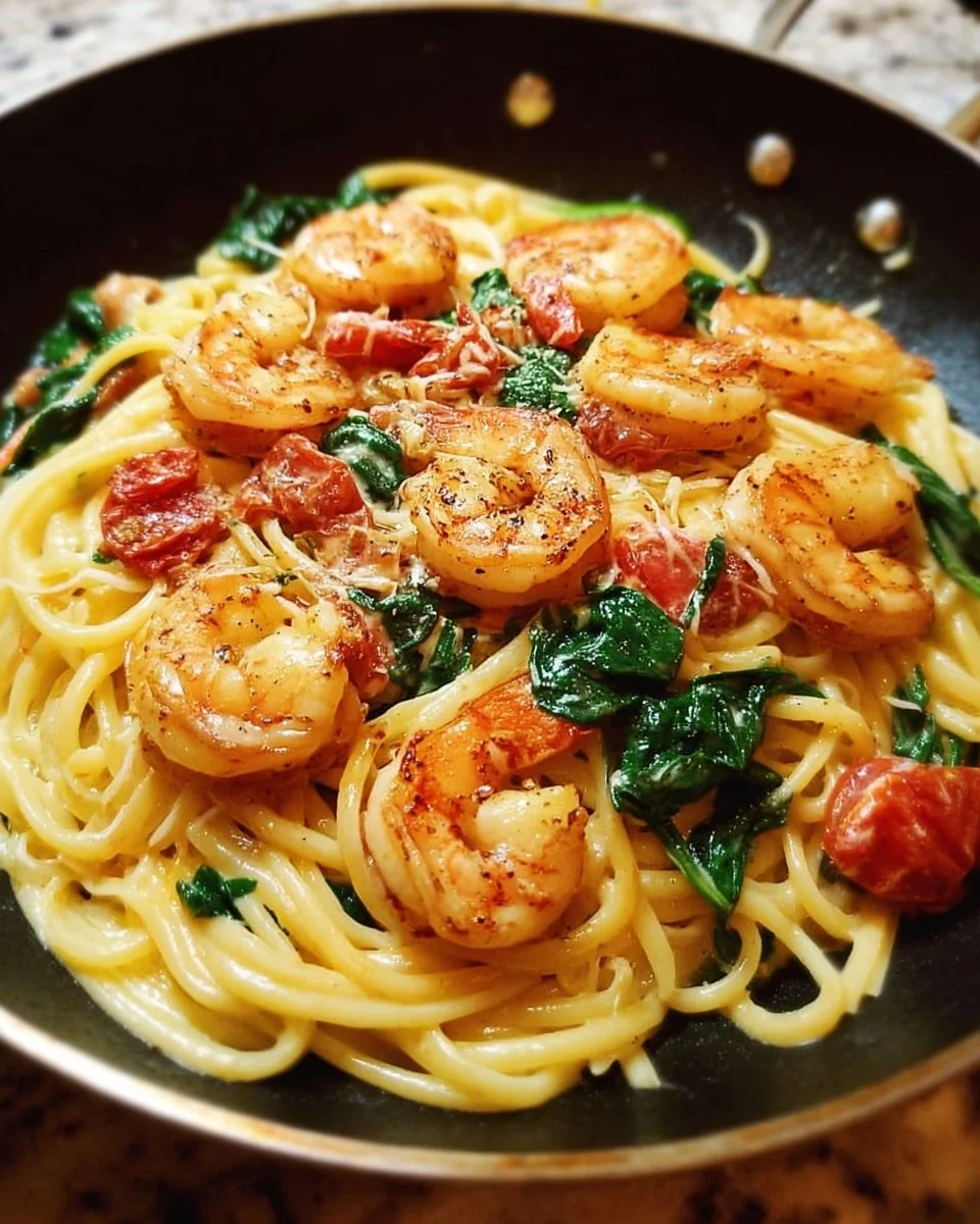 Creamy Tuscan shrimp pasta with garlic and sun-dried tomatoes served in a bowl.