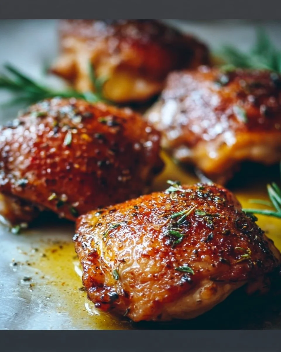 Crispy baked chicken thighs garnished with herbs served on a plate.