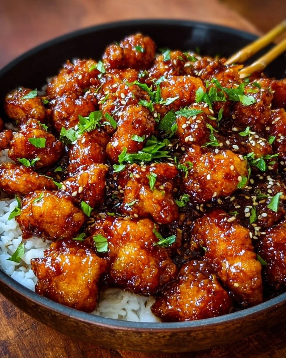 Plate of crispy Chinese honey garlic chicken garnished with herbs