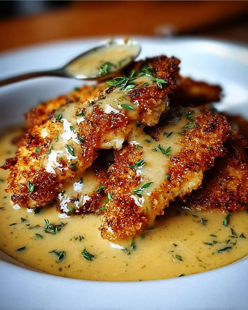 Plate of Crispy Parmesan Chicken with garlic sauce garnished with parsley