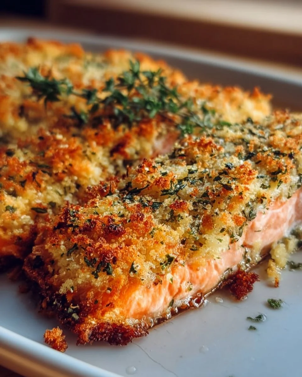 Crispy baked Parmesan Salmon topped with herbs and spices, ready to serve.