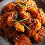 Plate of crunchy hot honey chicken garnished with herbs and served with dip.