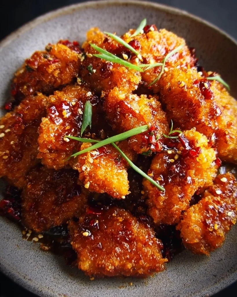 Plate of crunchy hot honey chicken garnished with herbs and served with dip.