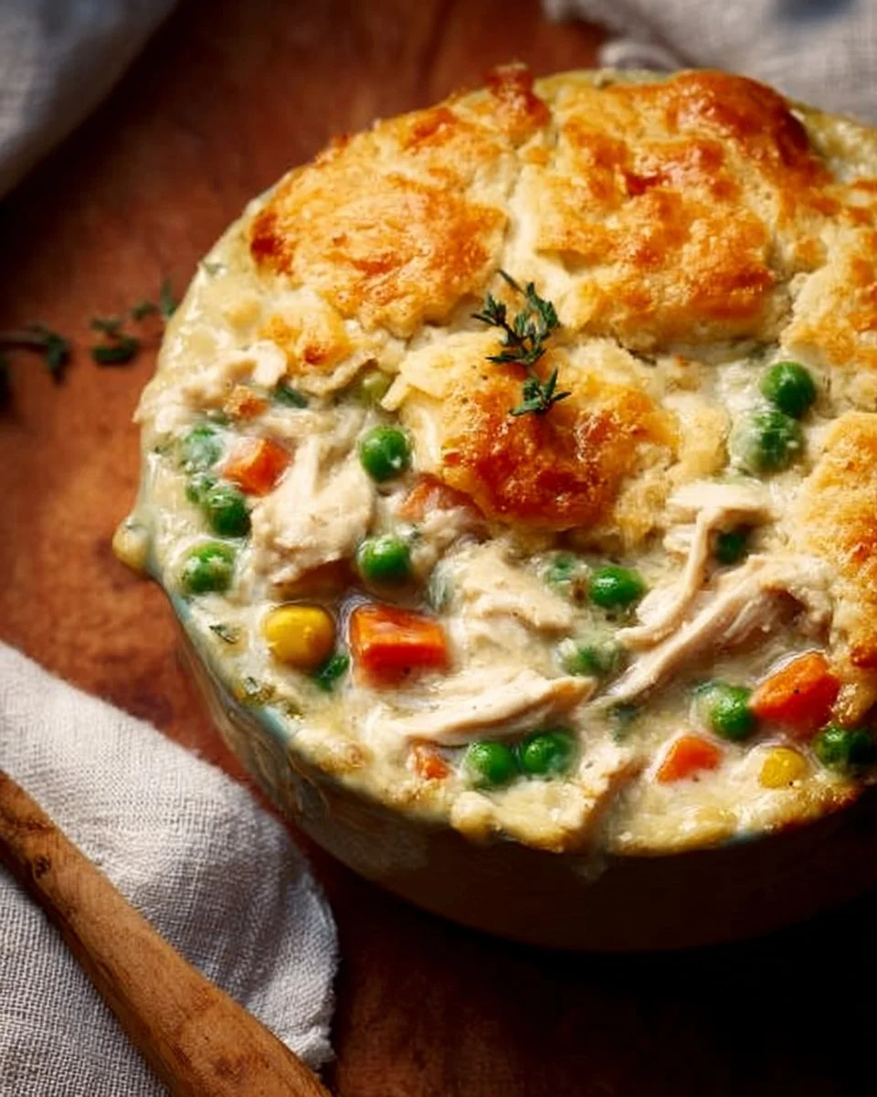 Delicious crustless Chicken Pot Pie served in a bowl.