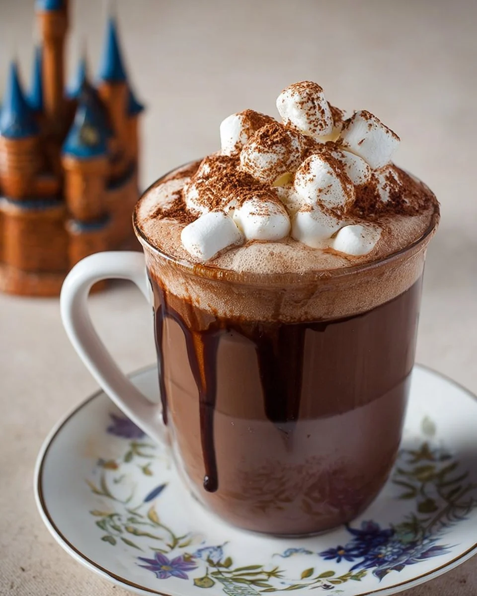 Delicious Disneyland-inspired hot chocolate topped with whipped cream and sprinkles