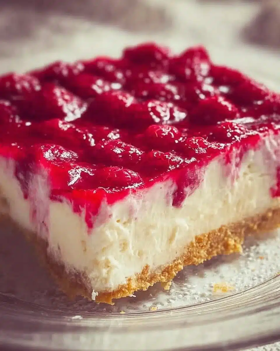 Deliciously creamy raspberry cheesecake topped with fresh raspberries.