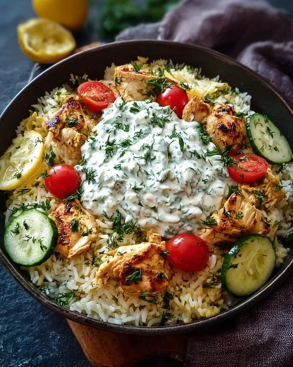 Delicious dump and bake chicken tzatziki rice in a baking dish ready to serve.