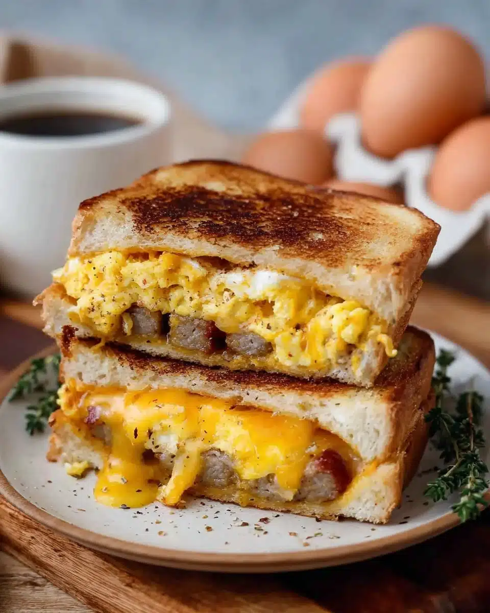 Easy breakfast grilled cheese sandwich with melted cheese and crispy bread