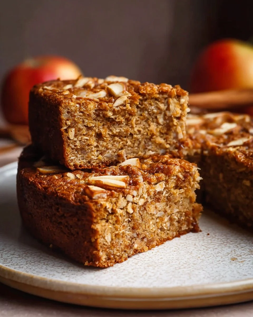 Slice of easy breakfast oatmeal apple cake with apples and oats