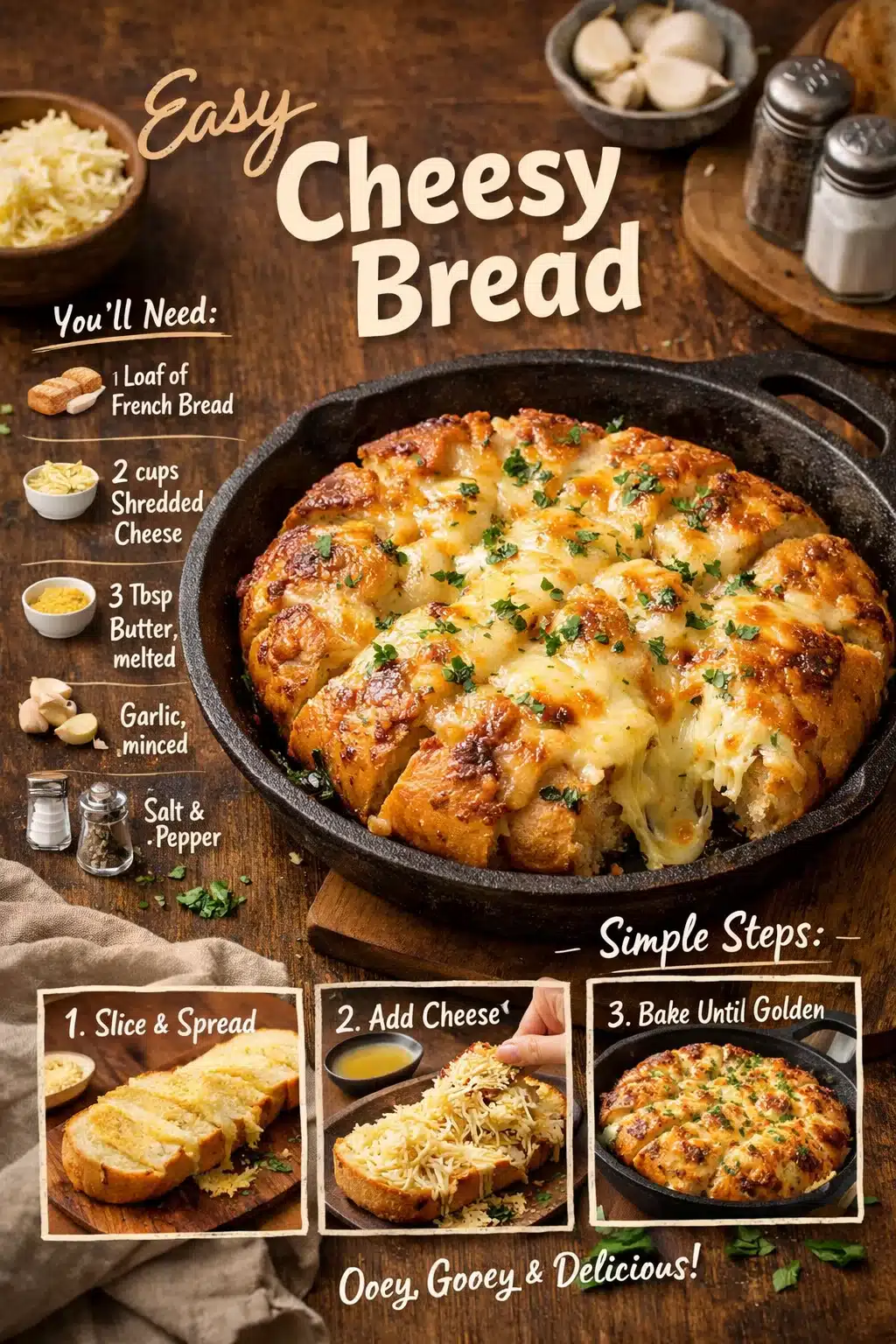 A plate of easy cheesy bread fresh out of the oven, melting deliciously.