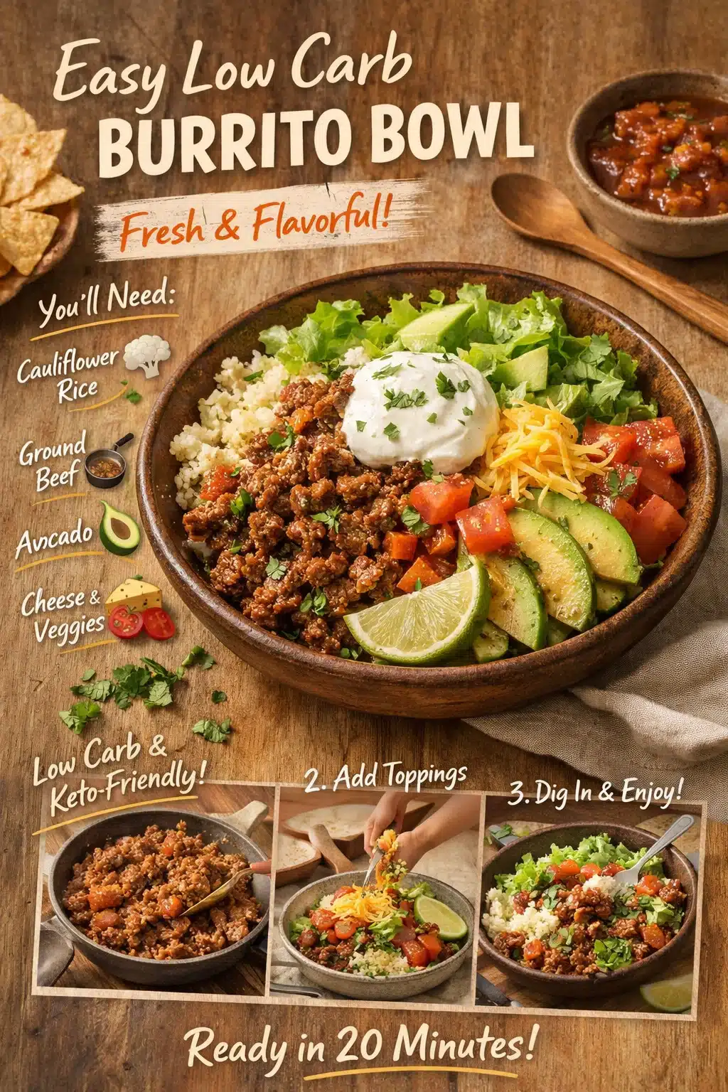 Delicious low carb burrito bowl with fresh ingredients and toppings
