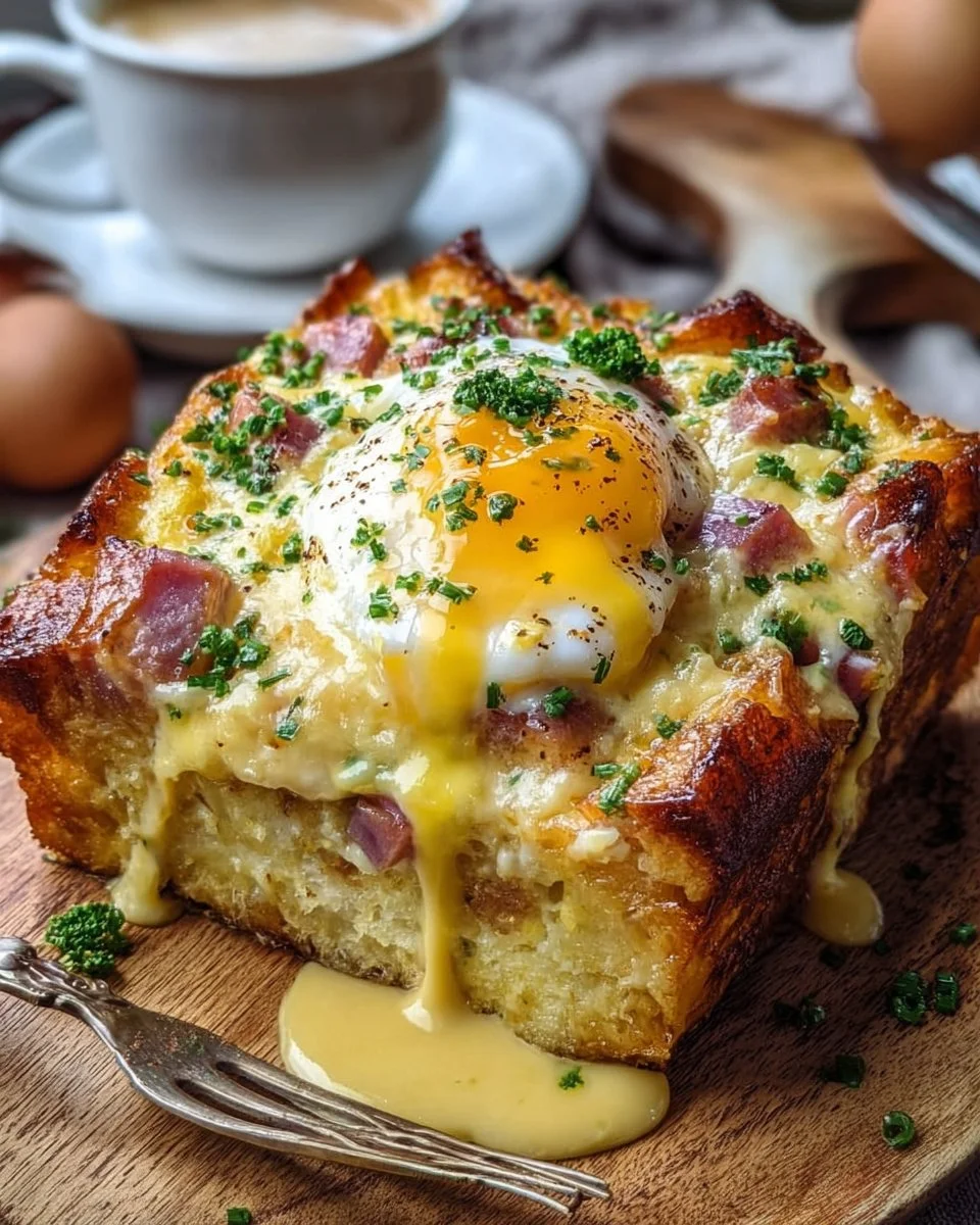 Delicious Eggs Benedict Casserole Bake served on a platter with hollandaise sauce.