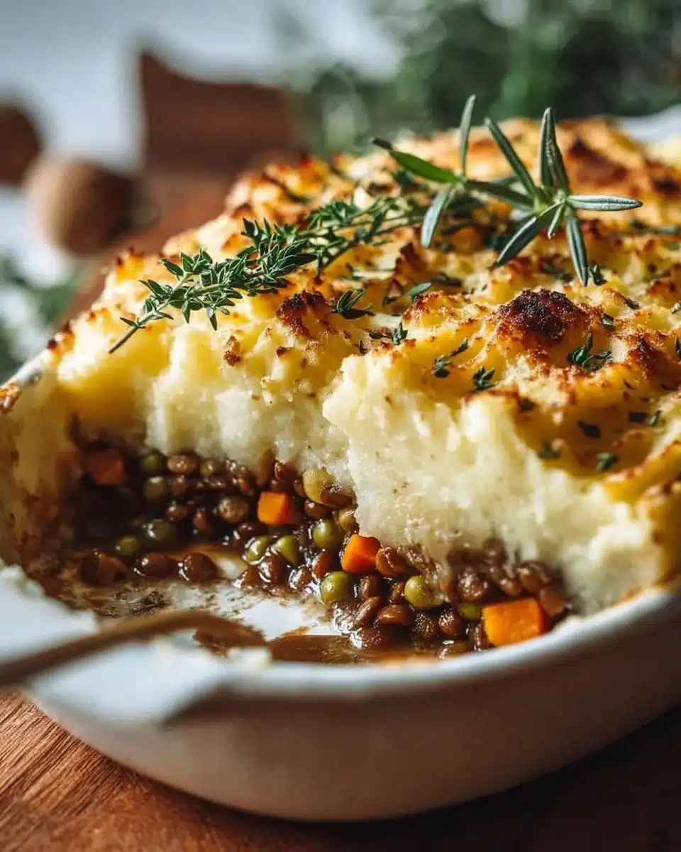 Fall Lentil Shepherd's Pie in a dish, topped with mashed potatoes and herbs.