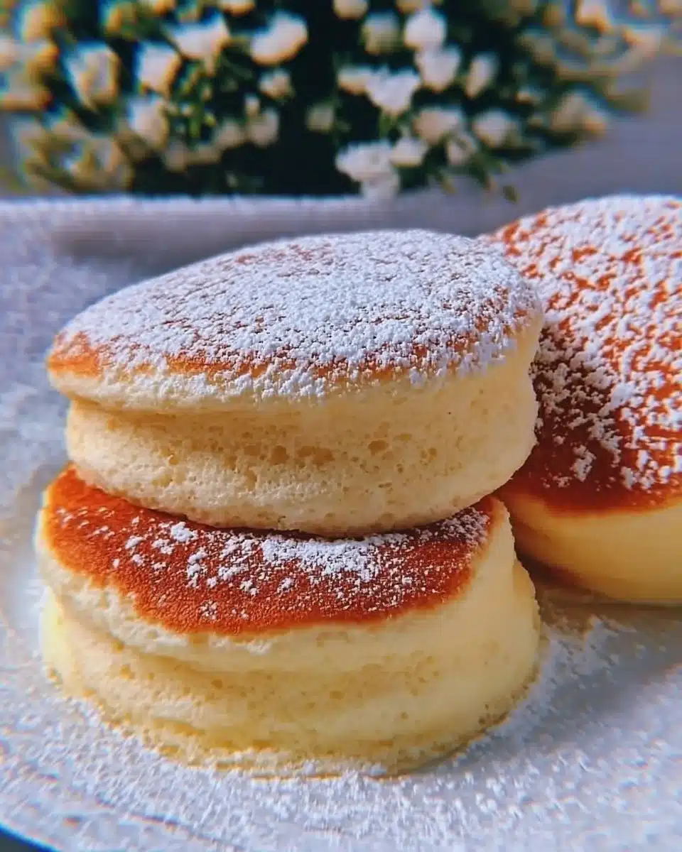 Fluffy Japanese souffle pancakes served with syrup and fruit.