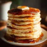Stack of fluffy pancakes topped with syrup and fresh berries