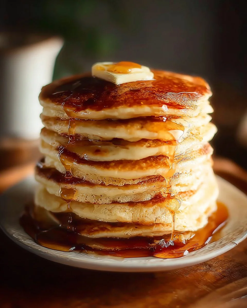 Stack of fluffy pancakes topped with syrup and fresh berries