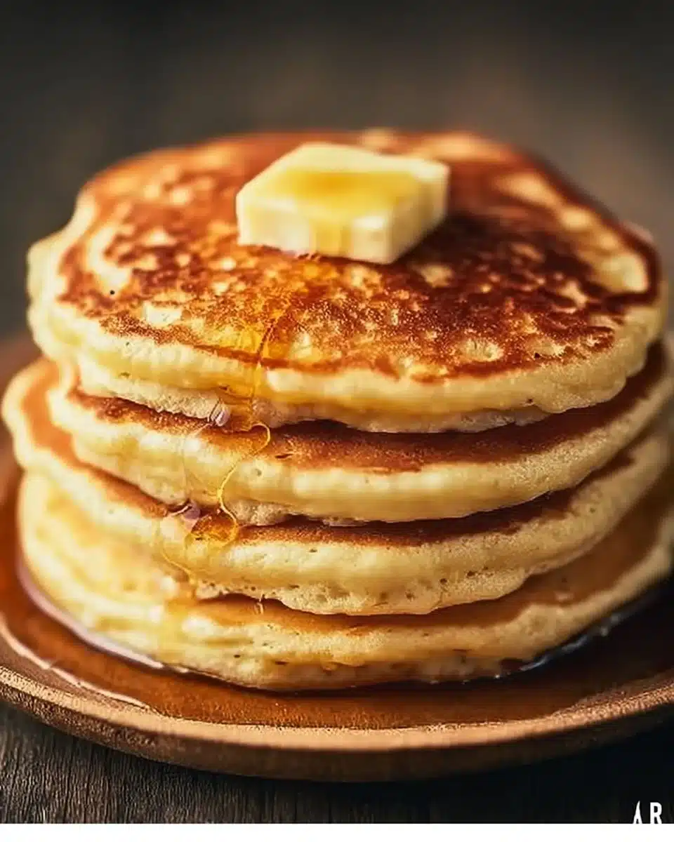 Stack of fluffy pancakes drizzled with syrup and topped with fresh berries