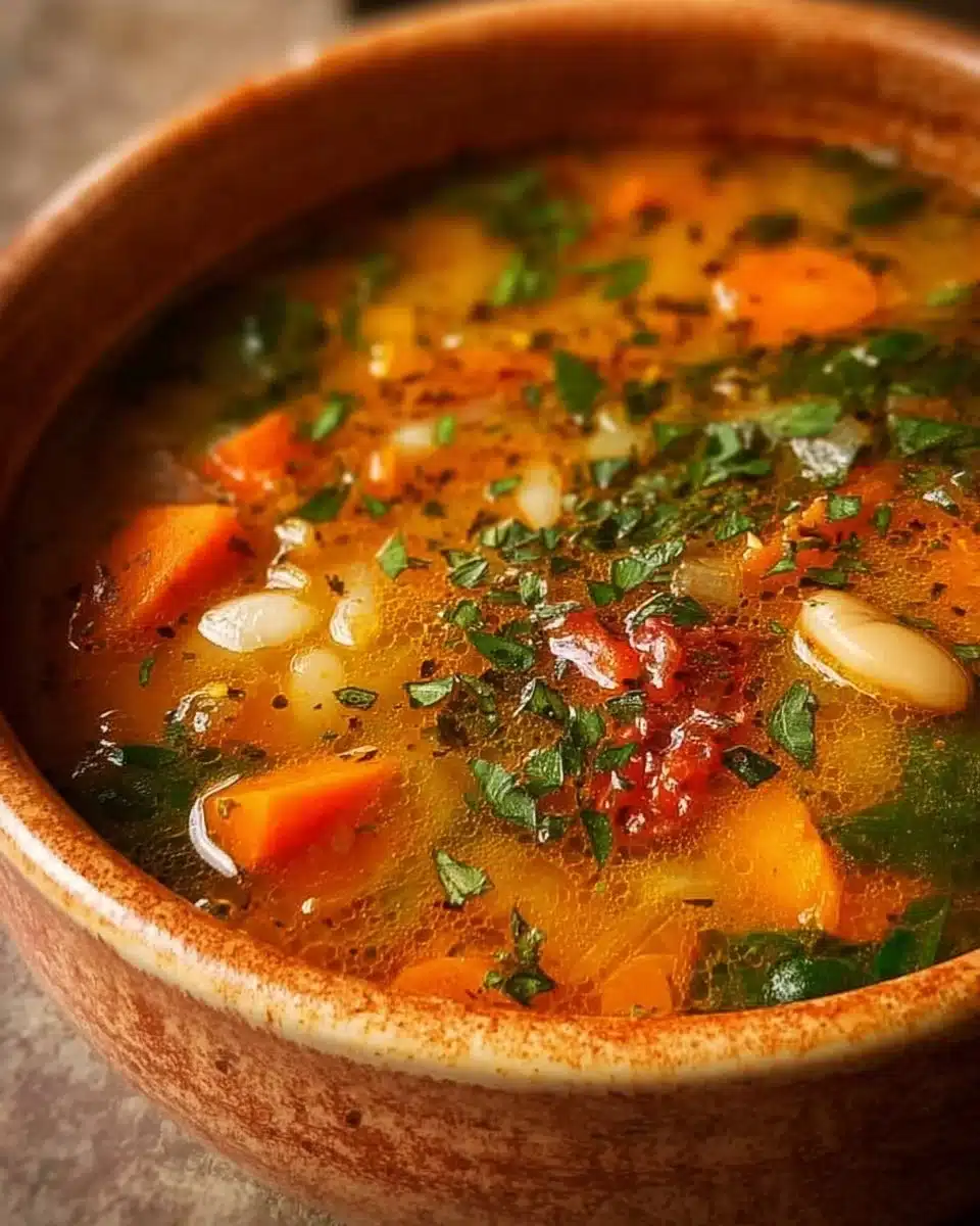 Bowl of Flush The Fat Away Vegetable Soup with fresh vegetables and herbs