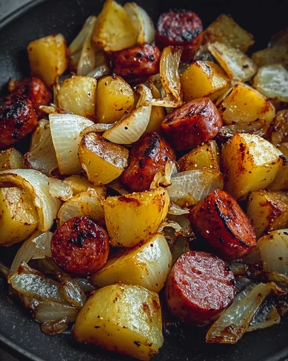 Fried potatoes with onions and smoked Polish sausage served on a plate
