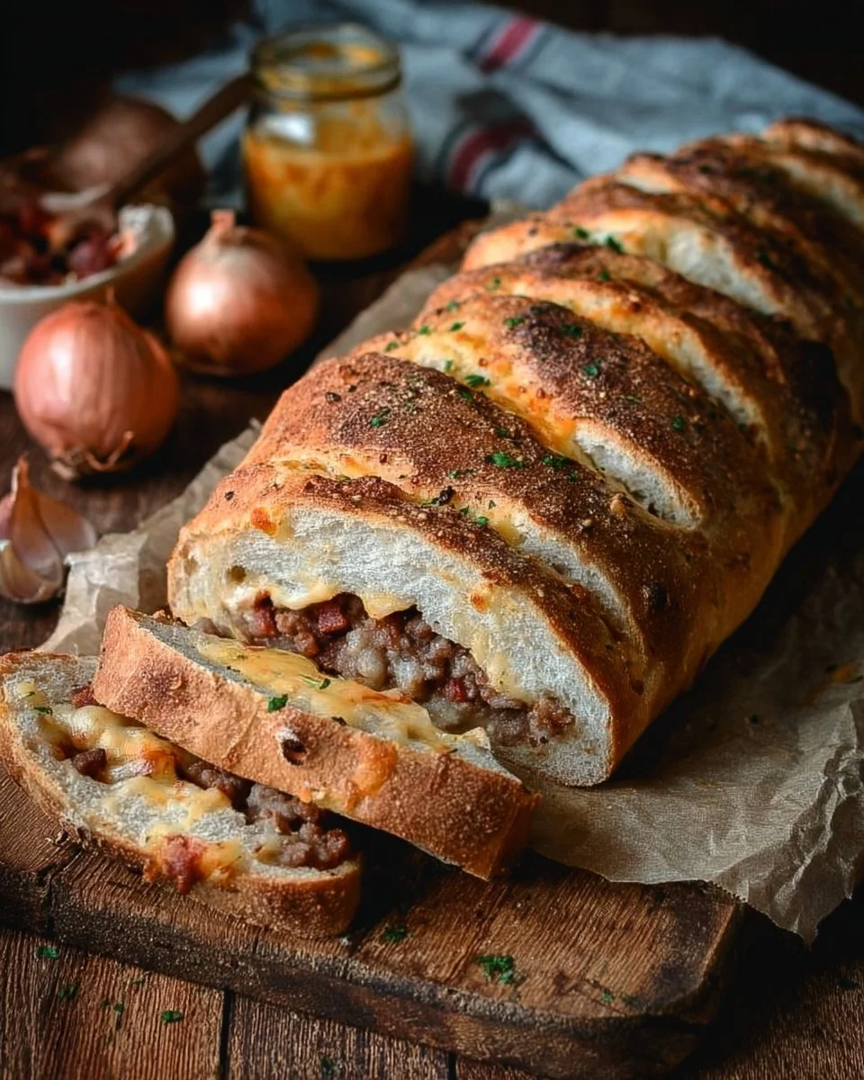 A loaf of homemade Garbage Bread filled with various ingredients and spices.