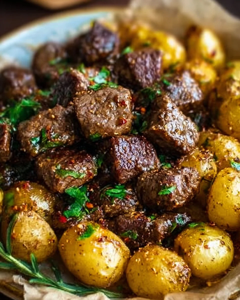 Delicious Garlic Butter Beef Bites served with crispy potatoes on a plate