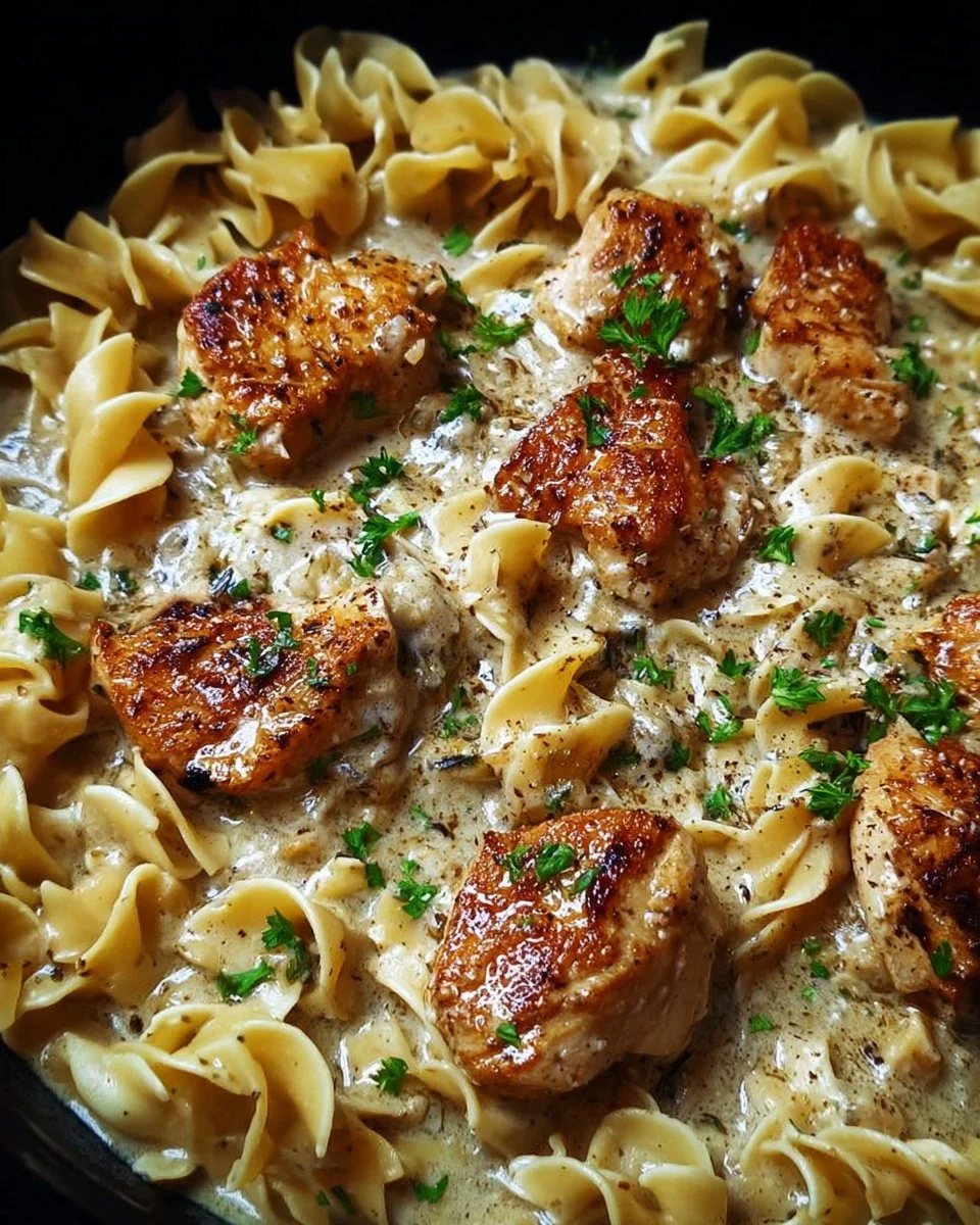 Delicious Garlic Butter Chicken served over egg noodles.