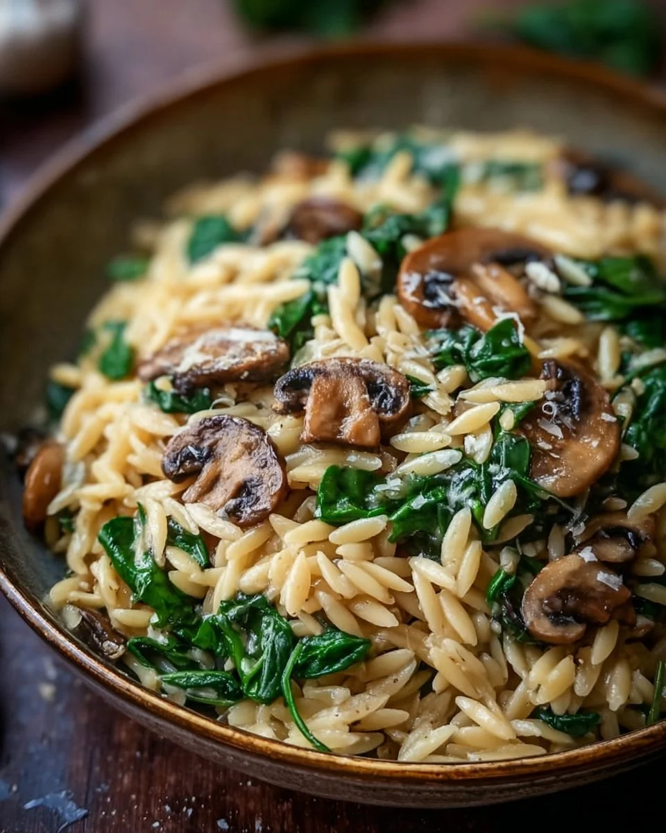 Dish of Garlic Butter Orzo with Mushrooms and Spinach garnished with herbs.
