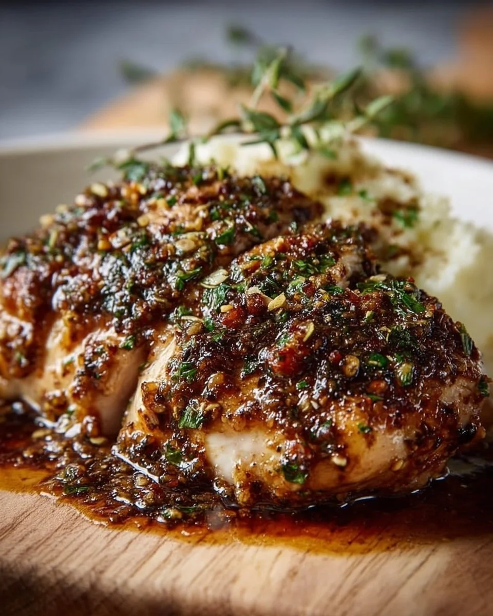 Delicious plate of Garlic Herb Chicken served with creamy mashed potatoes.