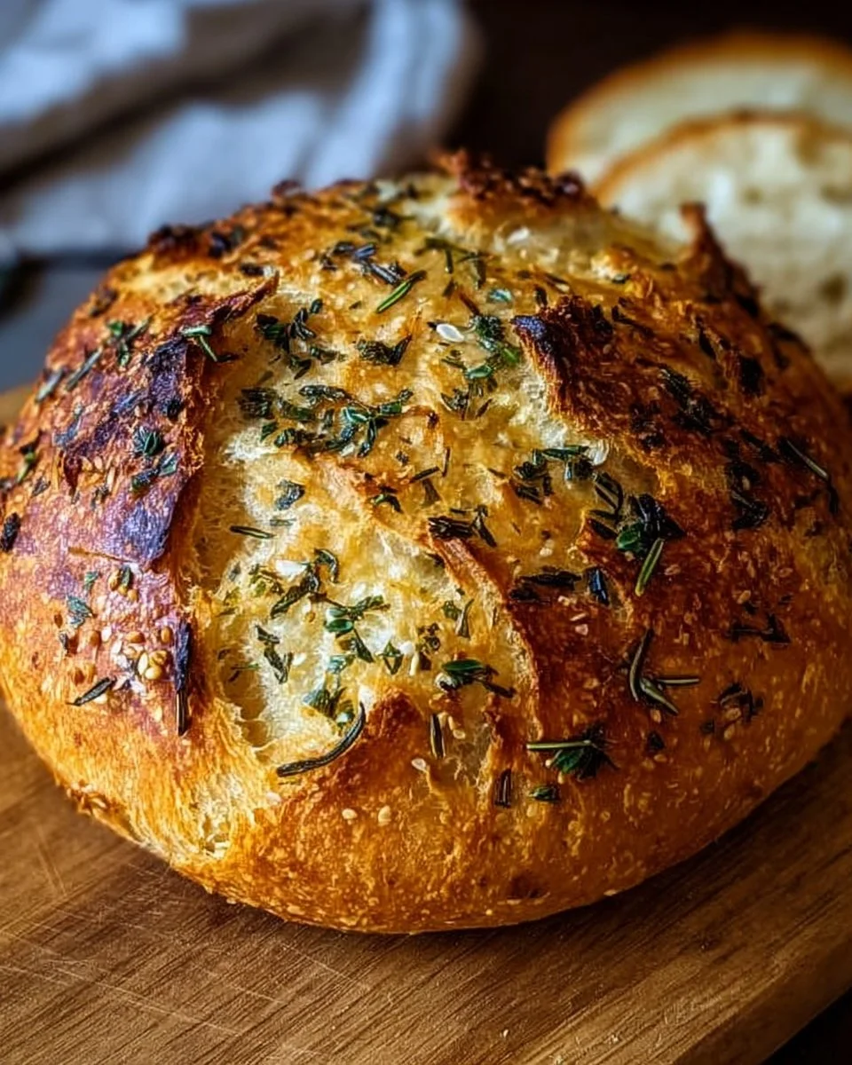 Freshly baked Garlic Herb Dutch Oven Bread on a wooden table