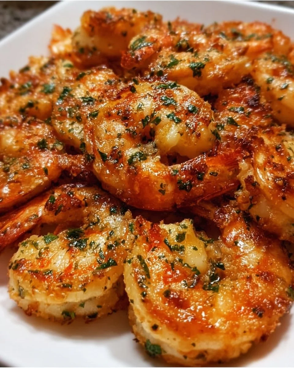Garlic Parmesan Roasted Shrimp served on a plate with herbs and lemon.