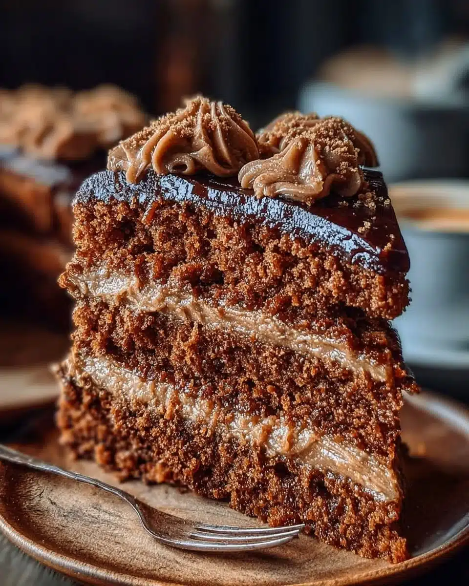 Delicious gingerbread cake with cinnamon molasses frosting on a rustic table