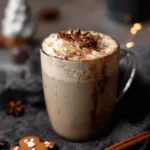 Gingerbread Oatmilk Chai Latte topped with spices in a cozy setting