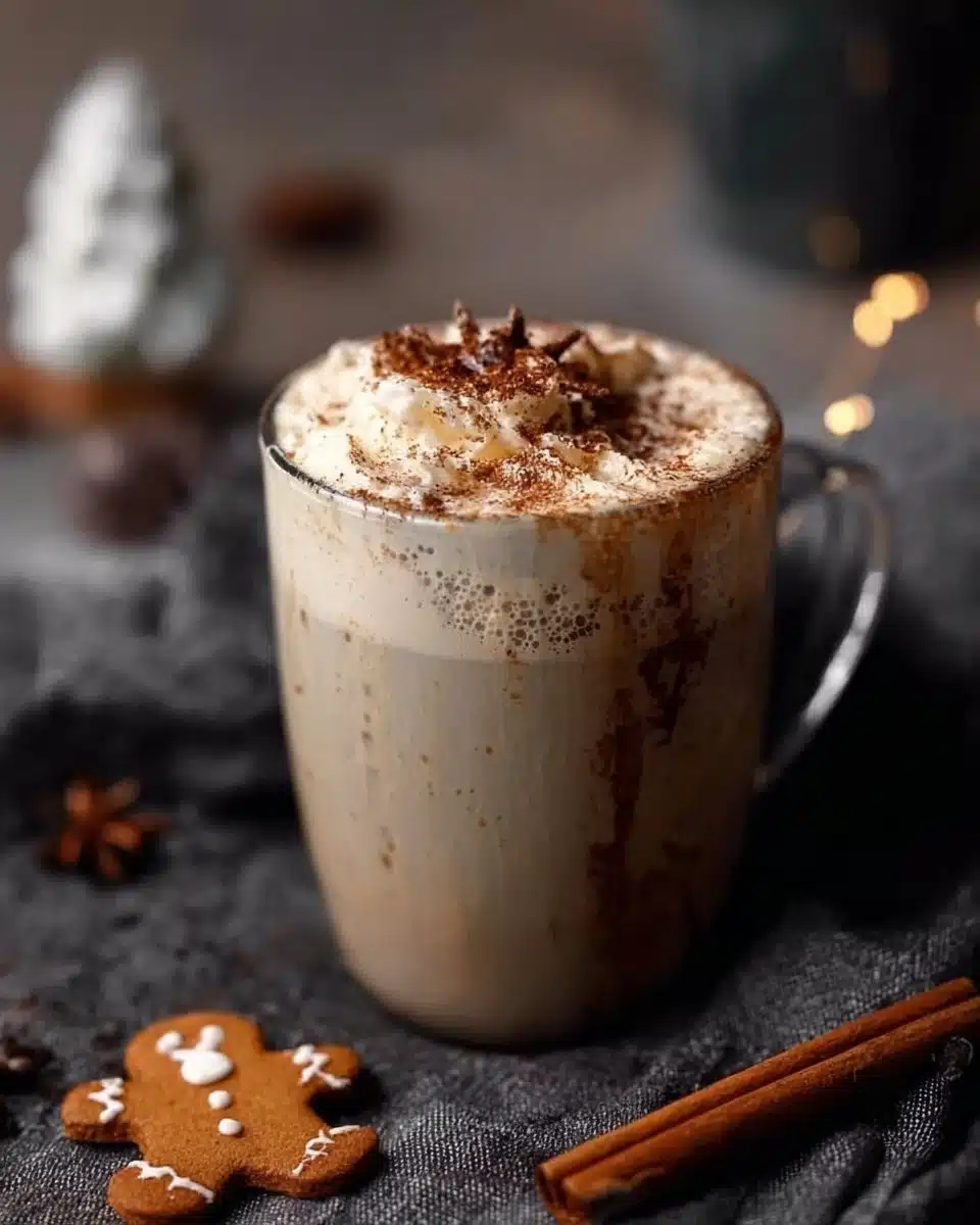 Gingerbread Oatmilk Chai Latte topped with spices in a cozy setting