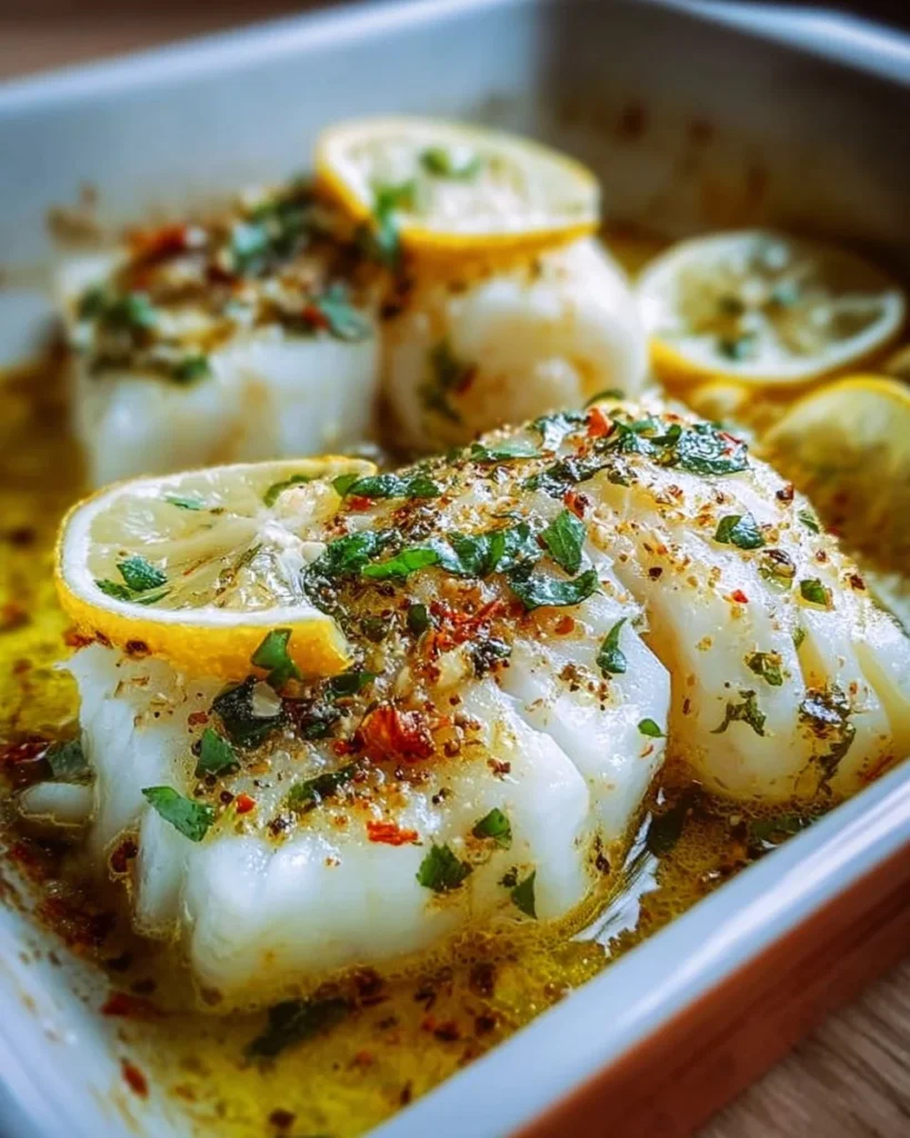 Gluten-Free Mediterranean Baked Cod with Lemon and Garlic on a plate