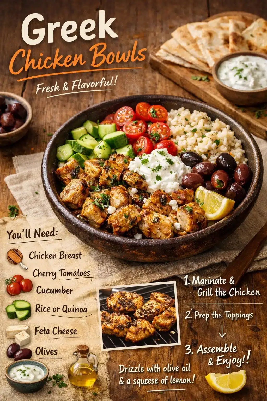 Delicious Greek Chicken Bowl with marinated chicken, fresh vegetables, and tzatziki