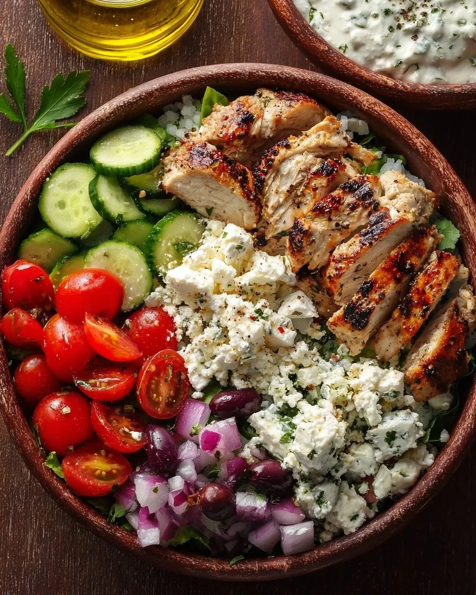 A colorful bowl of Greek chicken with fresh vegetables and herbs