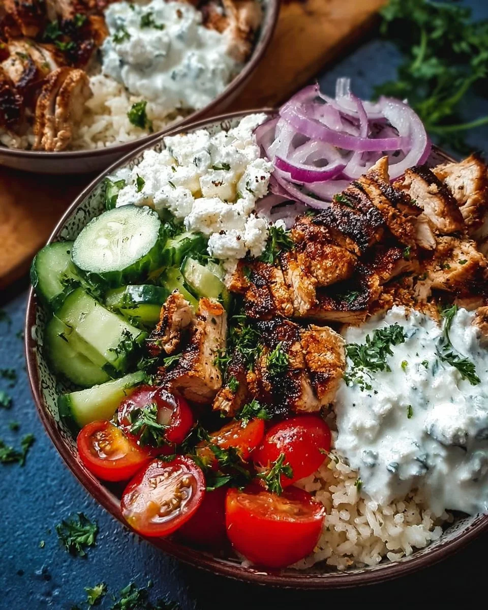 Delicious Greek Chicken Gyro Bowl with fresh vegetables and tzatziki sauce