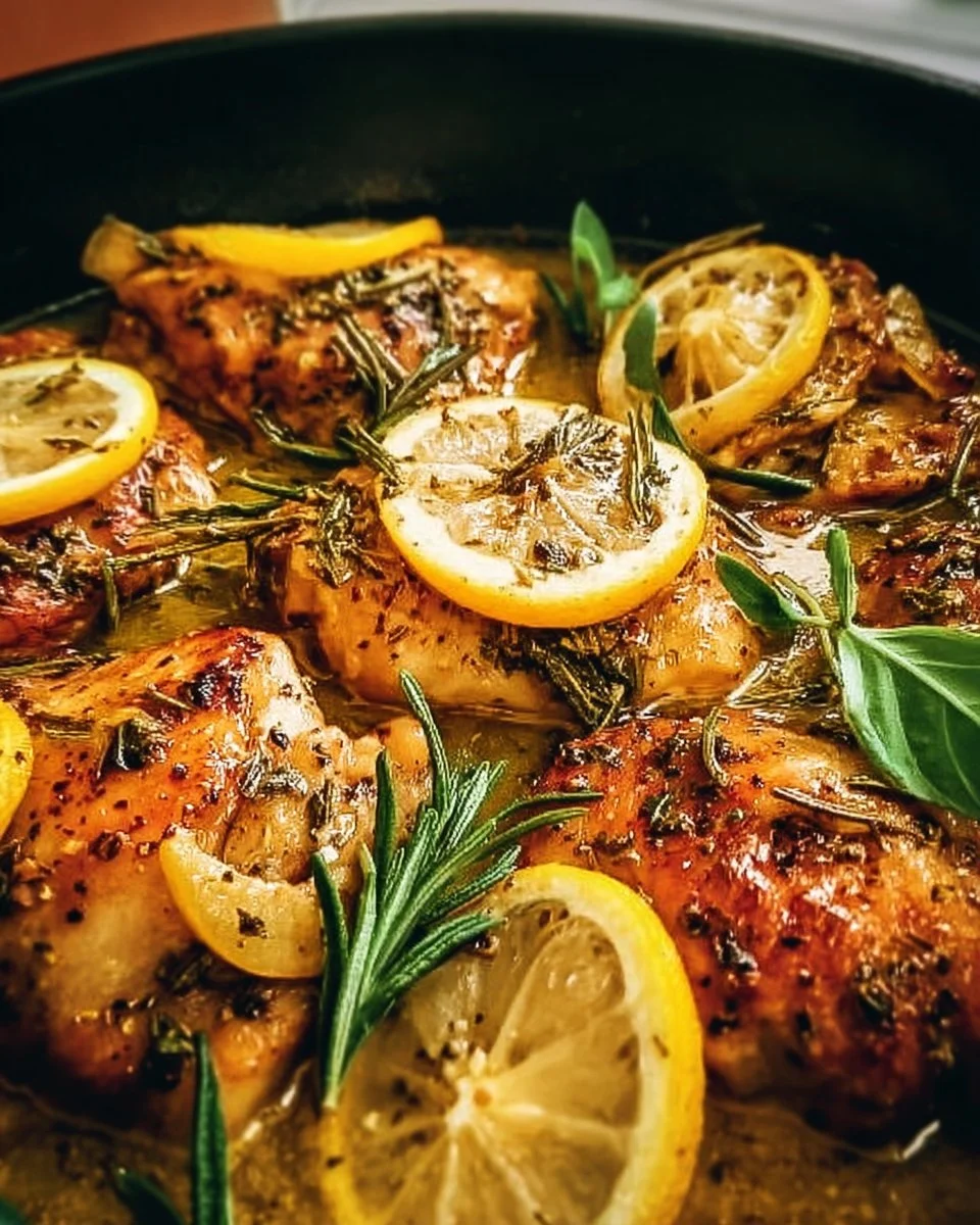 Delicious and aromatic Greek Lemon Chicken served with fresh herbs and lemon