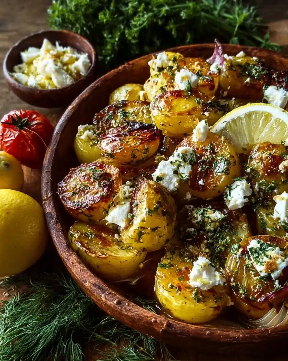 Greek Lemon Feta Potatoes dish with herbs and lemon zest