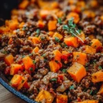 Ground Beef and Sweet Potato Skillet dish on a rustic wooden table
