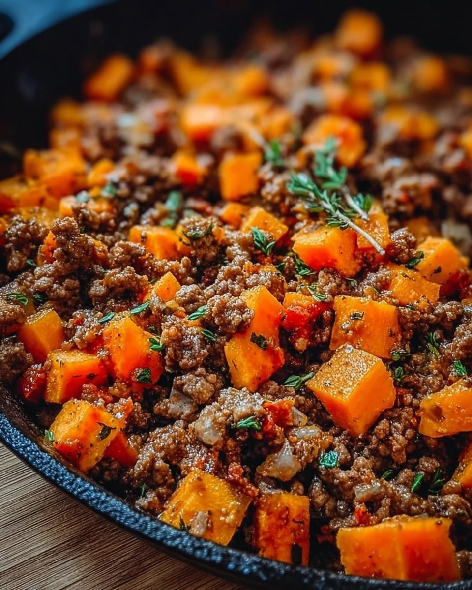 Ground Beef and Sweet Potato Skillet dish on a rustic wooden table