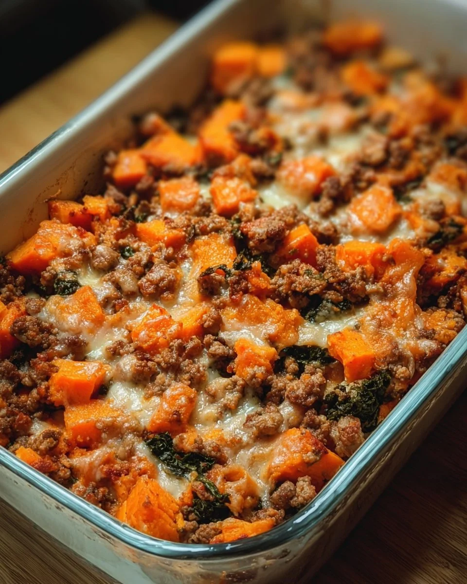 A delicious Ground Turkey Sweet Potato Bake served in a baking dish
